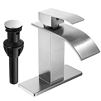 Fransiton Brushed Nickel Waterfall Bathroom Faucet Lavatory Single Handle 1 or 3 Hole Bathroom Sink Faucet Washbasin Faucet with Deck and Pop-up Drain