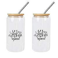 2 Pack Glass Cup 16 Oz with Lids Straws Eat Sleep Game Repeat+wxd1ypg7uu3d1hmu Glass Cup Glass Tumbler Mothers Day Gifts Cups Great For for Tea Whiskey Water