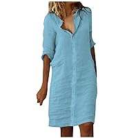 Women's Dresses 2024 Summer Retro Solid Color Cotton Linen V-Neck 3/4 Sleeve Dress Light Breathable Dresses, S-3XL