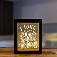 I Love My Maltipoo Small Cute Dog Breed USB Led Lighting Wooden Frame Acrylic Photo Picture Display Night Light Lamp Malt-A-Poo Maltepoo Puppy Lover Gift Modern Calming Lamp
