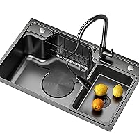 Kitchen Sinks, Kitchen Sink Large Single Bowl Sink with Pull-Out Faucet Large Drain Hole/Black/70 * 48Cm
