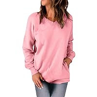 Women's Loose Fit V-Neck Shirts Dressy 2023 Long Sleeve Casual Tops Flannel Fall T-Shirts with Pocket