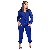 Womens Sexy Long Sleeve Solid Color Button Drawstring Pockets Casual Jumpsuit Rompers Overalls