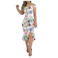 Casual Party Dress for Women,White Cocktail Dress Women My Recent Orders Placed by Me Women's T-Shirt Dresses Knee Length Women's Casual Dresses Flower Print Irregular Hem One(J-White,XXL)