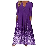 Sexy Dresses for Women with Sleeves, Women's Summer Casual Fashion V-Neck Mid-Sleeve Print Button Loose Dress