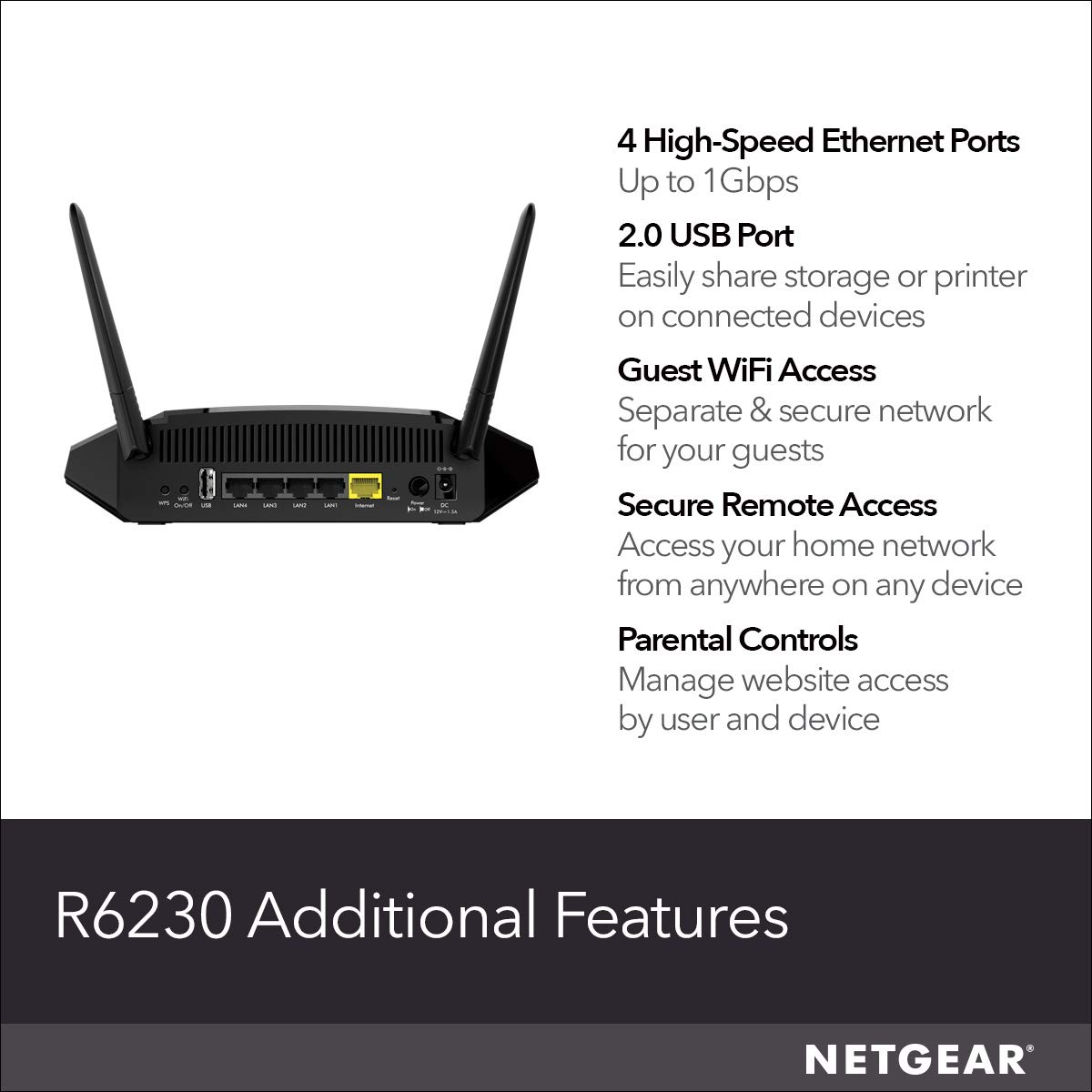 NETGEAR WiFi Router (R6230) - AC1200 Dual Band Wireless Speed (up to 1200 Mbps) | Up to 1200 sq ft Coverage & 20 Devices | 4 x 1G Ethernet and 1 x 2.0 USB ports