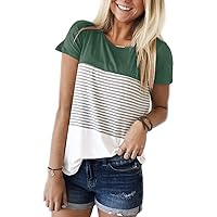 Womens Summer Color Block Striped T-Shirt Short Sleeve Loose Tunic Blouse and Tops