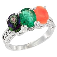 10K White Gold Natural Mystic Topaz, Emerald & Coral Ring 3-Stone Oval 7x5 mm Diamond Accent, Sizes 5-10