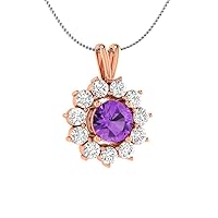 1.50 CT Round Cut Simulated Amethyst & Cubic Zirconia Halo Pendant Necklace 14k Rose Gold Over