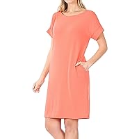 Women's Round Neck Rolled Sleeve Knee Length Tunic Shirt Dress with Pockets (Ruby, 2X)