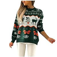 Ugly Christmas Reindeer Sweater Pullovers for Women Long Sleeve Crewneck Snowflake Patterns Xmas Jumpers Knit Tops