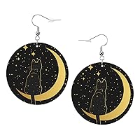 Black And White Cat Faux Leather Earrings For Women Girls Lightweight Round Dangle Earrings Gift