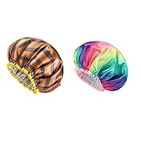 mikimini Golden Striped Shower Cap 2 Pack, 12inch Double Waterproof Soft PEVA Lining（Stripe）&Rainbow Series Shower Cap 1 Pack, 12inch Double Waterproof Soft PEVA Lining(A)