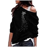 Women's Tunics Tops Long Sleeve Sexy Off Shoulder Blouse Rhinestone Printed Top Loose Cotton Casual Pullover T-Shirt