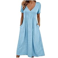 Summer Midi Dresses for Women V Neck Short Sleeve Casual Linen Pleated Dress Loose Fit Flowy Beach Sundress with Pockets