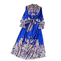 Women Casual Holiday Dress Spring Stand Collar Flare Sleeve Vintage Printed Loose Dresses Female Party Vestidos