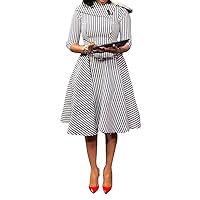VERWIN Three Quarters Sleeve Knee-Length Pullover Plaid Women's Retro Dress Midi Dress