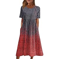Winter Party Short Sleeve Dresses for Women Shift Classic Crew Neck Printed Tunic Dress Ladies Light Cotton Red L