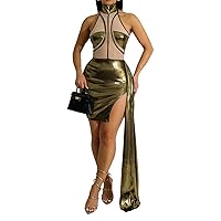Womens Sexy Sleeveless Turtleneck Satin Mesh Paneled Bodycon Ribbon Party Clubwear Dress