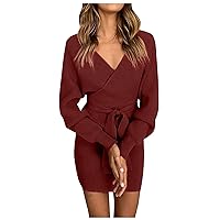 Women's Fashion Casual Solid Color Open Back Waistband Cross V-Neck Bag Hip Slim Fit Knee Length Long Dress, S-3XL