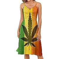 Vintage Rainbow Weed Women's Summer Dress Spaghetti Strap Swing Sundress V Neck Midi