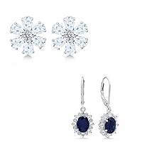 Small White Topaz Flower Stud and Halo Sunburst Created Blue Sapphire Oval Dangle Earrings in 925 Sterling Silver for Women | 1.5 Inch with Push Backs | 8x6mm with Leverback by MAX + STONE