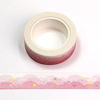 Syntego Pink Clouds With Gold Foil Embossed Stars Washi Tape Decorative Self Adhesive Masking Tape 15mm x 10 Meters