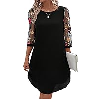Dresses for Women - Floral Embroidery Mesh Sleeve Tunic Dress