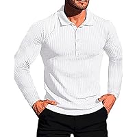 Men's Muscle Ribbed Polo Shirts Long Sleeve Slim Fit Stretch Knit Shirt Button Workout T-Shirts Casual Golf Tee