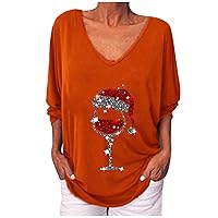 The Plus Size Women Autumn and Winter New Long Sleeves Christmas Wine Glass V Neck T Shirt Lane Active Wear (A, XL)
