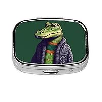 Crocodile in Sweater Print Pill Box Square 3 Compartment Pill Case Portable Travel Pill Organizer Mini Medicine Storage Box for Pocket Purse Metal Decorative Pill Holder for Daily Medicine