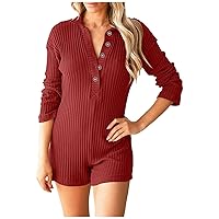 Ribbed Knit Rompers for Women, V Neck Button Down Romper Shorts Solid Long Sleeve Jumpsuits Sexy Casual Outfits