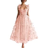 3D Butterfly Tulle Prom Dresses Tea Length Lace Appliques Embroidery A Line Formal Evening Party Gowns with Pockets