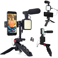 Vlogging Kit for iPhone,YouTube Starter Kit with Microphone LED Light Remote Control for Android Phones/Camera Vloger Video Recording Stand