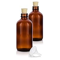JUVITUS 8 oz Amber Glass Boston Round Bottle with Cork Stopper Closure (2 Pack) + Funnel