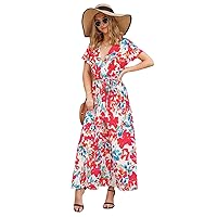 Unique Women Maxi Dress Red Floral V-Neck Short Sleeve Split Summer Beach Bohemia Dress