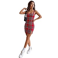 Plaid Print Split Hem Cami Dress