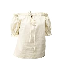 FURPHI Ren Fair Blouse Shirt for Women Off Shoulder Linen Lace Up Top Medieval Renaissance Cosplay Costume
