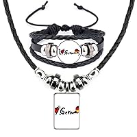 I Love German World Flag Heart Leather Necklace Bracelet Jewelry Set