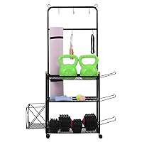Yoga Mat Holder, 3 Tier Yoga Mat Storage Rack with Ball Cage, Movable Yoga Mat Rack with Hooks, Home Gym Storage for Dumbbell Kettlebell Gym Accessories