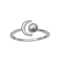 925 Sterling Silver Gray Pearl Crescent Moon Open Wrap Bypass Women Gift Ring