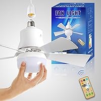 Ceiling Fans with Lights and Remote,Portable Outdooor Tent Light Bulb Fan,15.75“ E27 Base Screw in Ceiling Fan in Light Socket,5 Blades Hidden Socket Ceiling Fan,Dimmable 3 Color Temperatures… (White)