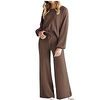 Women's Long Sleeve Outfits 2 Piece Sweatsuits Sweatshirt and Wide Leg Pants Set Cozy Tracksuit Fall Matching Suit