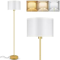 Gold Floor Lamps for Living Room Bedroom, Bright Modern Standing Lamp with 3 Color Temperatures(9W Bulb), White Lamp Shade, 59