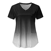 100 Cotton T Shirt Women Fashion Gradient Print Short Sleeve V Neck Tops Holiday Loose Fit Athletic Tops for