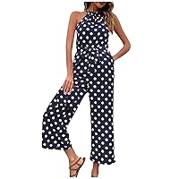 Women's Vacation Outfits Fashion Polka Dot Wide Leg Jumpsuit Neck Strap Beach Outfits