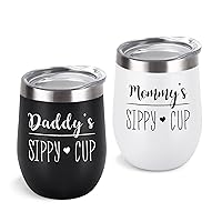 Daddy’s and Mommy’s Sippy Cup Wine Tumbler Set, Father’s Day Birthday Gifts for New Parents Dad Mom Papa Mama Daddy Mommy Anniversary, Insulated Stainless Steel Tumbler with Lid(12oz, Black and White)