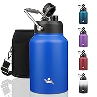 Half Gallon Jug with Handle,64oz Insulated Water Bottle with Carrying Pouch,Double Wall Vacuum Stainless Steel Metal Bottle,Blue