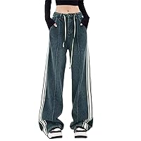 Women's High Rise Stripes Stretch Loose Jeans Trendy Straight Leg Vintage Y2K Denim Pants Work Drawstring Modern Mom