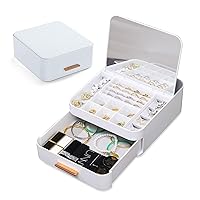 Jewelry Box with Mirrors, 2-Layer Jewelry Holder Organizers for Women Girls, Jewelry Box Storage for Earrings, Rings, Necklace, Bracelets,9.1 x 8.9 x 3.3 Inches, Gift Idea, White